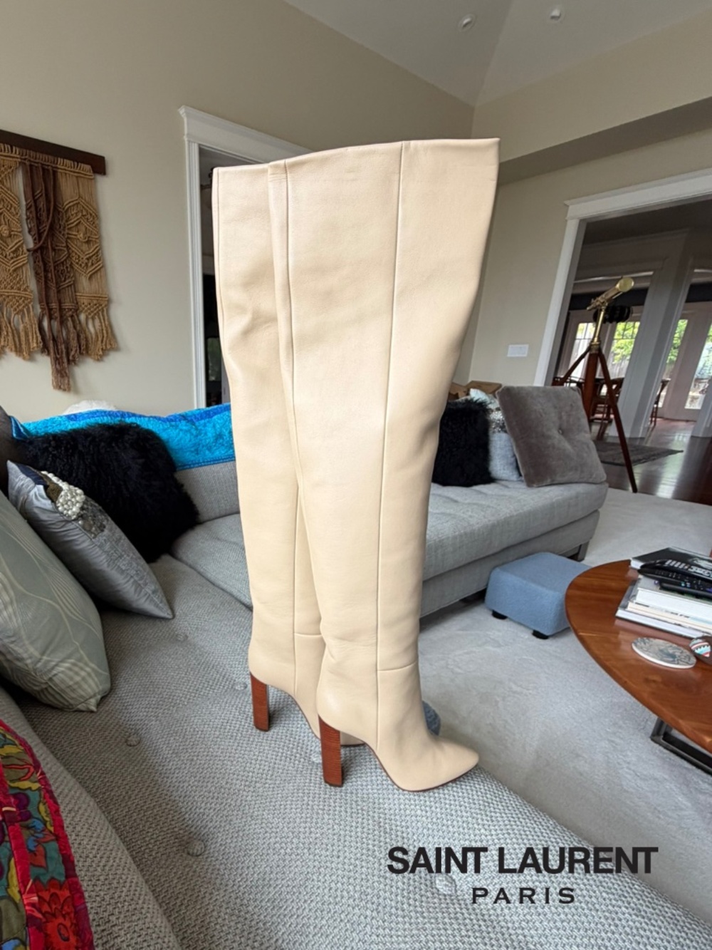 Saint Laurent Women's 38 Soixante Seize Leather Thigh High Boots Beige NIB